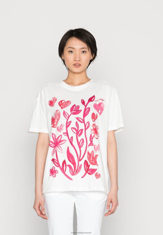 إيكرو/زهرة الرسم Tommy Hilfiger تي شيرت مطبوع برقبة على شكل حرف C مريح 446445897