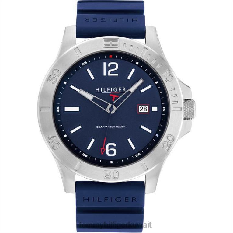 أزرق Tommy Hilfiger ساعة للرجال بسوار سيليكون IP باللون الرمادي 4464420348