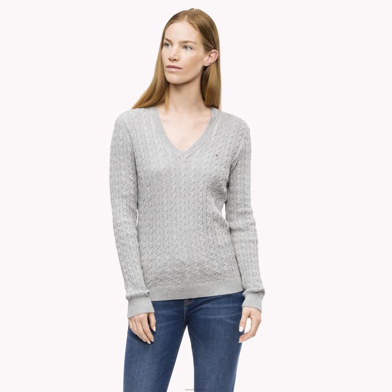 هيذر رمادي فاتح Tommy Hilfiger سترة كلاسيكية برقبة على شكل حرف V 446442169