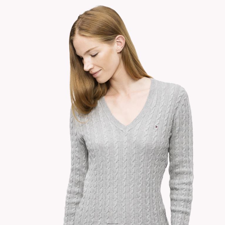 هيذر رمادي فاتح Tommy Hilfiger سترة كلاسيكية برقبة على شكل حرف V 446442169