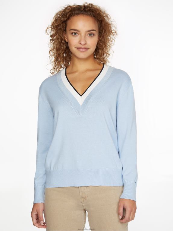 أزرق منسم Tommy Hilfiger كنزة متباينة برقبة على شكل حرف V 446442213