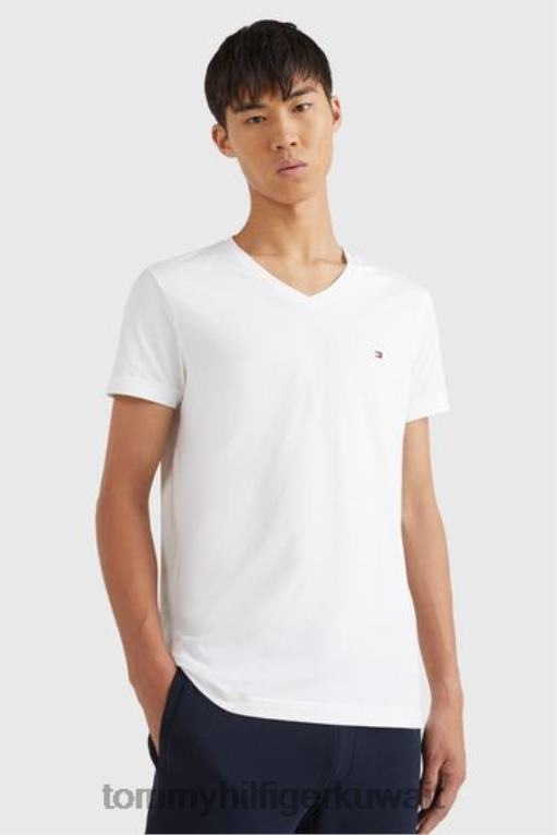 أبيض Tommy Hilfiger تي شيرت كور قابل للتمدد ذو قصة ضيقة ورقبة على شكل حرف V 446443091