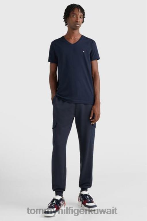 أزرق Tommy Hilfiger تي شيرت كور قابل للتمدد ذو قصة ضيقة ورقبة على شكل حرف V 446443109
