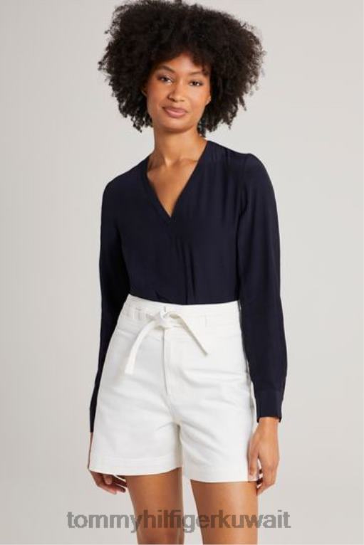 أزرق Tommy Hilfiger بلوزة فسكوزي برقبة على شكل حرف V 446443111