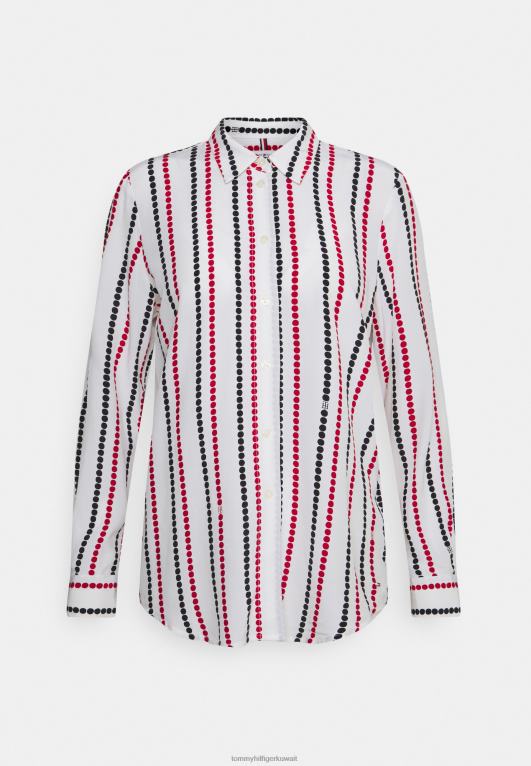 نقطة البولكا/أرضية بيضاء Tommy Hilfiger بلوزة Vis Monogram Fleur بأزرار سفلية 446447473